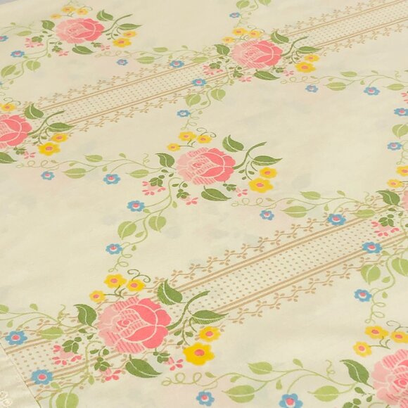 Vintage 70s FIELDCREST USA Smithsonian Single Pillowcase: Pink Roses, Lace Trim - Picture 1 of 9